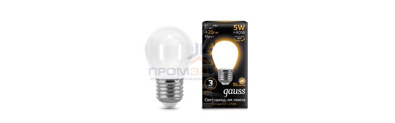 Лампа Gauss Filament Шар 5W 420lm 2700К Е27 milky LED 1/10/50